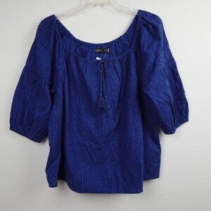 Ralph Lauren Cotton Tassel Tie Top Women's Plus Size 1X Blue Peasant Jacquard
